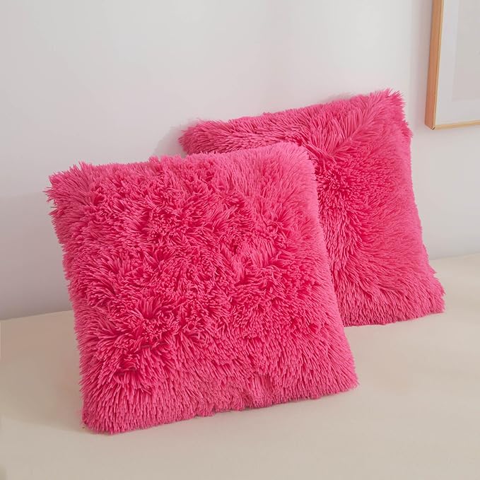 XeGe Faux Fur Throw Pillow Covers, Luxury Fluffy Plush Hot Pink Pillow Shams, Shaggy Furry Decorative Pillow Fuzzy Cushion Cover for Sofa Bed Couch, Zipper Closure, Pack of 2(18''x18'', Hot Pink)