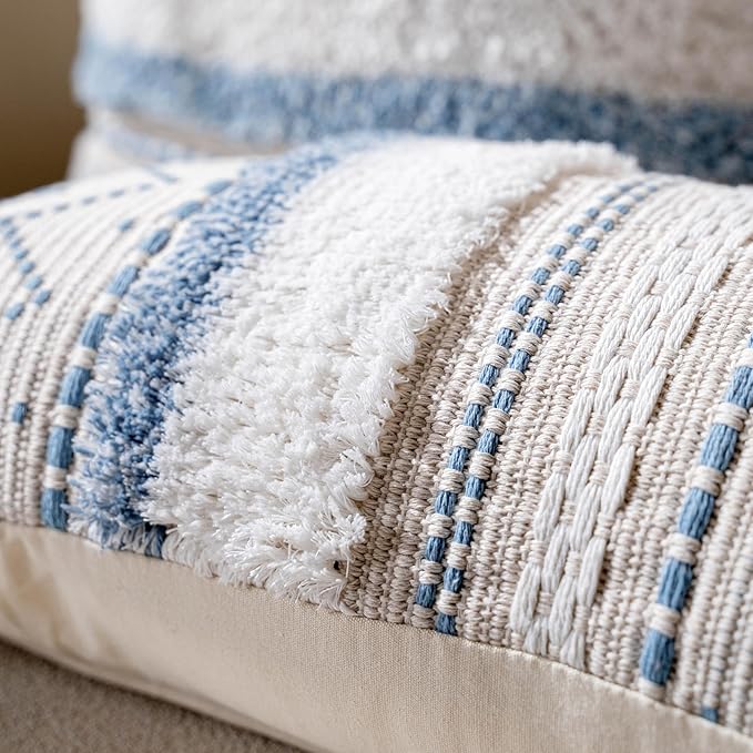 BlissBlush Blue Decorative Throw Pillow Cover 18x18 Square Boho Neutral White Accent Pillowcase Tassels Farmhouse Cushion for Couch Sofa Bedroom Living Room Home Décor (Cover ONLY, Pack of 1)