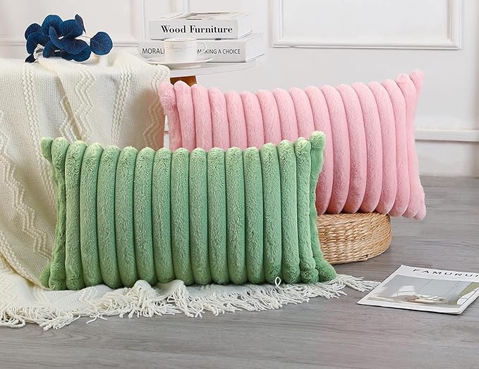 PANOD Faux Fur Decorative Lumbar Throw Pillow Covers 14 x 26,Long Boho Lumbar Pillow Covers Pillow Case Cushion Case for Bed Sofa Farmhouse Livingroom,Pink