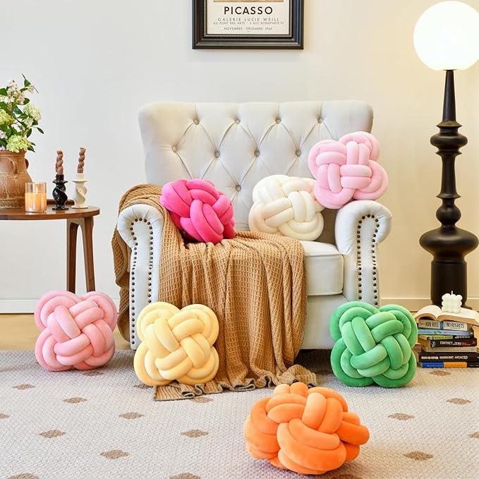 Xuyier Knot Pillow Ball, Decorative Throw Pillows with Velvet Fabric for Couch Bed, 12" Decor Knotted Square Floor Pillow Cushions for Living Room (12 Inches, Rose Red)