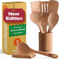 Riveira Cherry Wooden Cooking Utensils Set of 9 Premium Quality, Non-Toxic, Heat-Resistant Wooden Spoons and Spatulas for All Cookware