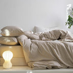MooMee Striped Duvet Cover Set 100% Washed Cotton Linen Like Textured Breathable Durable Soft Comfy (Tannish Linen Grey White Wide Stripes, King 104"x90")