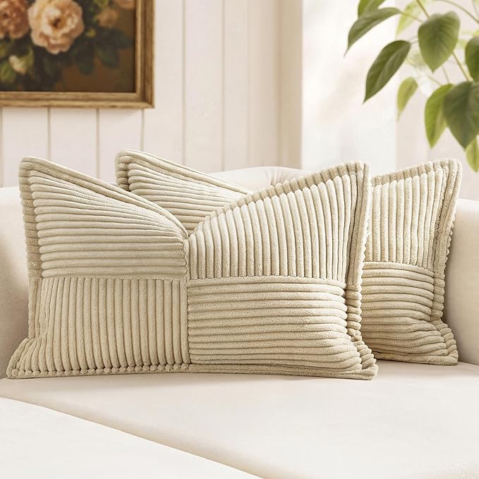 MIULEE Decorative Lumbar Throw Pillow Covers for Couch Bed Livingroom 12x20 Inch Set of 2 Cream Boho Accent Throw Pllows Broadside Striped Patchwork Soft Corduroy Pillowcases