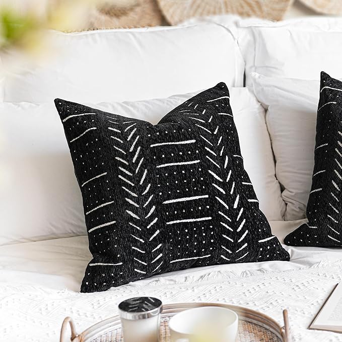 BlissBlush Black Decorative Throw Pillow Covers 20X20, Set of 2, Boho Farmhouse Cushion Cover, Cozy Soft Accent Pillowcase for Couch Sofa Bed Living Room Home Décor