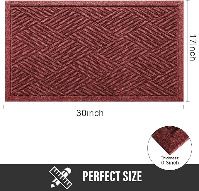 Sturdy Front Door Mat, Absorbent Muddy Dirt Resist Welcome Door Mats Outdoor Indoor, Stain and Fade Resistant, Non-Slip Rubber Backing Low Profile Doormat for Entryway, 30×17, Red