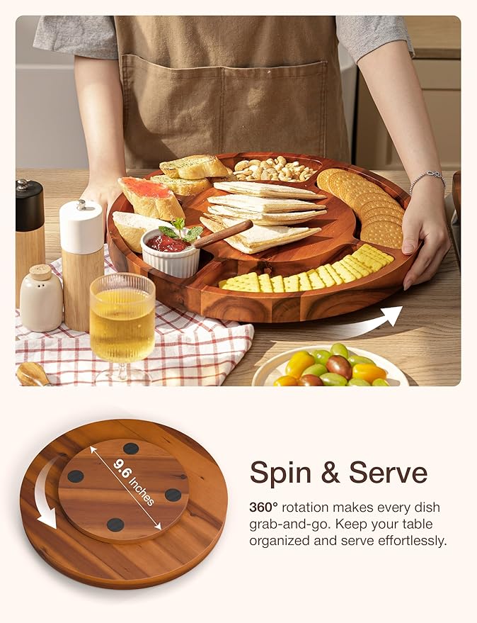 16” Rotating Charcuterie Board for Cheese and Meat - Lazy Susan Charcuterie Boards Round with Compartments - 360° Rotating Plates for Serving Food, Lazy Susan Cheese Board (Acacia Wood)
