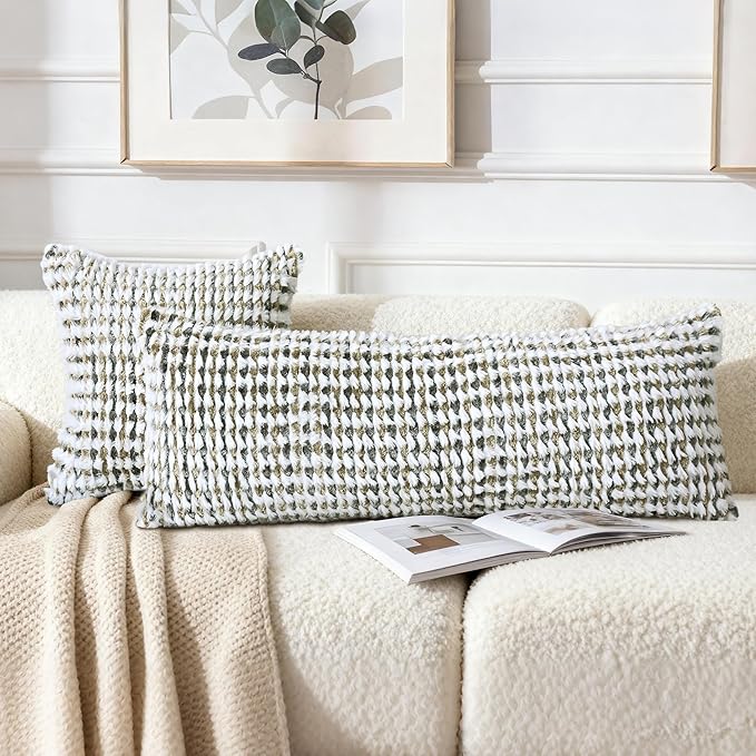 Boho Chenille Tufted Pillow Cover 14x36 Inch Set of 1, Farmhouse Striped Decorative Pillow Covers Accent Fluffy Neutral Long Body Bolster Pillow for Couch Sofa Bedroom Living Room, Brown Gray
