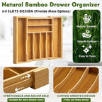 Bamboo Kitchen Drawer Organizer, Expandable Cutlery Tray Utensil Organizer with Grooved Silverware Drawer for Flatware Silverware in Kitchen 8 Slot, Natural, 11.6"-18.9"W, 14.96"H, 1.97"D
