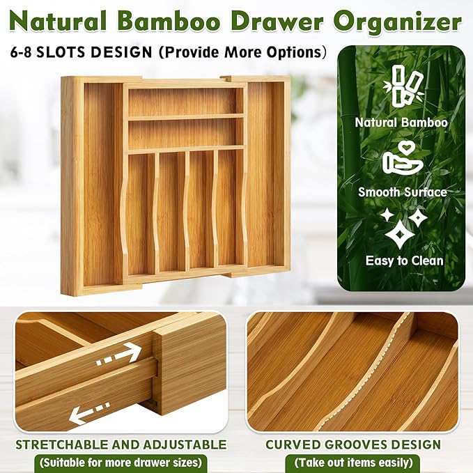 Bamboo Kitchen Drawer Organizer, Expandable Cutlery Tray Utensil Organizer with Grooved Silverware Drawer for Flatware Silverware in Kitchen 8 Slot, Natural, 11.6"-18.9"W, 14.96"H, 1.97"D