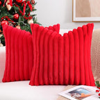 Pallene Faux Fur Plush Christmas Throw Pillow Covers 16x16 Set of 2, Luxury Soft Fluffy Striped Decorative Pillow Covers for Sofa, Couch, Living Room, Red