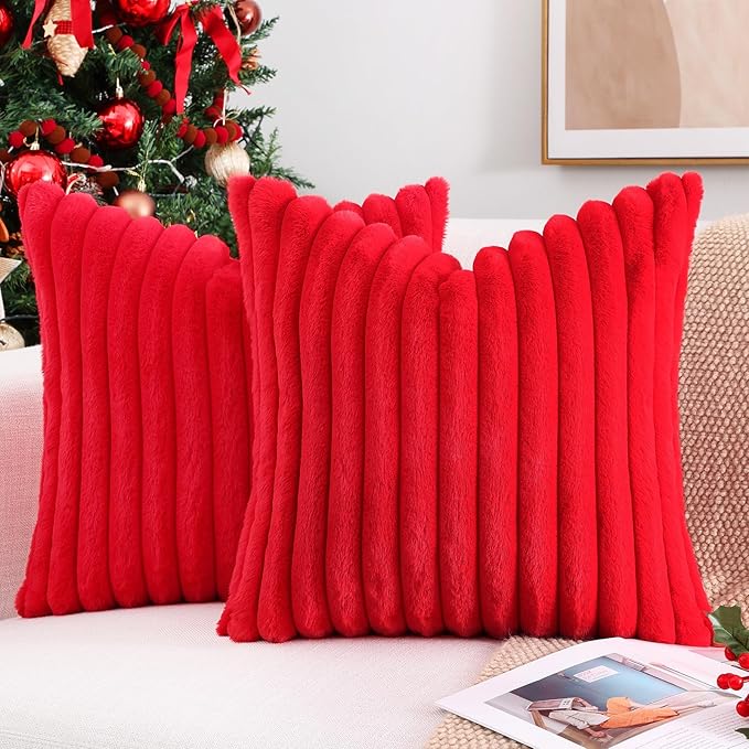 Pallene Faux Fur Plush Christmas Throw Pillow Covers 24x24 Set of 2, Luxury Soft Fluffy Striped Decorative Pillow Covers for Sofa, Couch, Living Room, Red