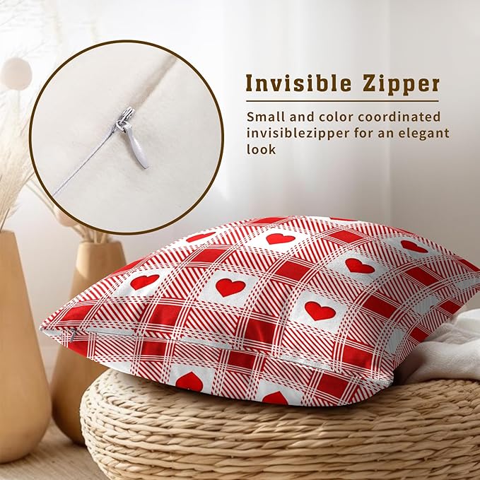 Love Theme Pillow Covers 22x22 Inch, Set of 2 Red White Checkered Romantic Accents Holiday Cotton Square Pillowcases for Sofa Couch Bedroom Living Room Car Home Decor