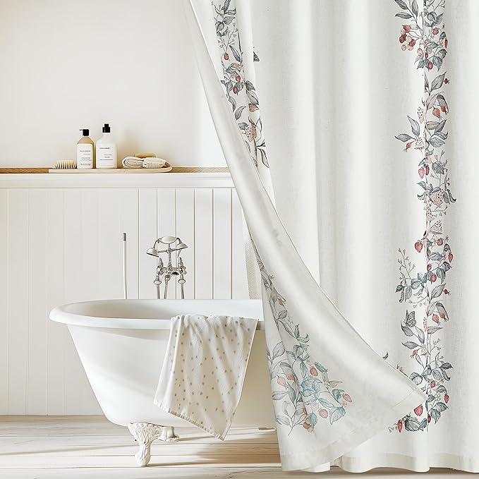 KGORGE Fabric Shower Curtain, Linen Blend Washable Decor for Bathroom Toilet Hotel Spa with 12 Hooks, Fresh Spring Design Semi Sheer Curtain, W 72 x L 78 inches, 1 Panel