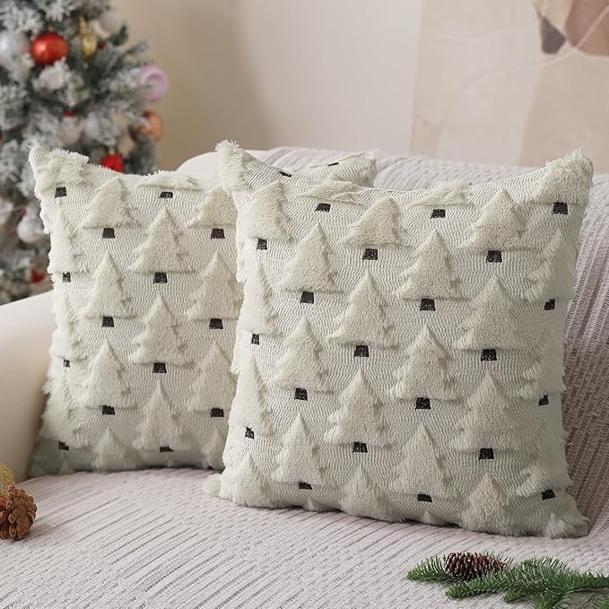 Christmas Pillow Covers 20x20 inch Set of 2 Christmas Decorations Soft Plush Faux Fur Wool Cream White Xmas Tree Throw Pillow Cases Winter Holiday Decor for Sofa Living Room PT-002D20