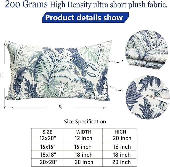 Decorative Throw Pillow Covers Set of 2 Blue Green Large Leaves Pillow Covers 12x20 inch Soft Short Plush Square Floral Throw Pillows,Farmhouse Outdoor Pillow Covers for Couch Living Room