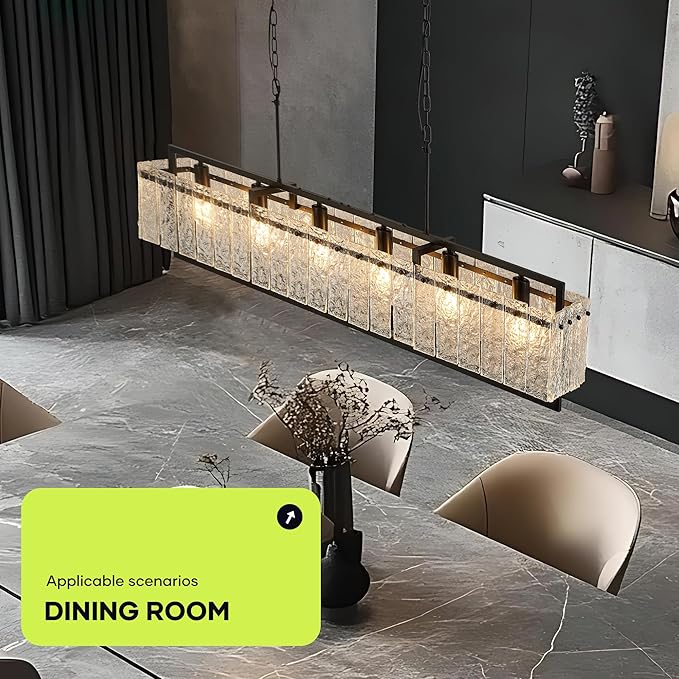 Modern Rectangle Black Crystal Chandeliers for Dining Room, 6 Lights 44" Large Rectangular Water Ripple Glass Kitchen Island Light Fixture, Linear Farmhouse Pendant Light Fixture Over Table