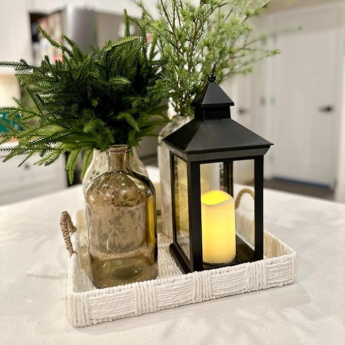 Christmas Lanterns Decorative Indoor, 14" Battery-Powered Waterproof Black LED Candle Lanterns with Timer for Patio & Outdoor, Vintage Hanging Lantern for Xmas Home Decorations, Transparent