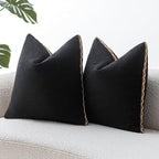 Decorative Neutral Linen Throw Pillow Covers 18x18 Inch Set of 2, Black Boho Farmhouse Pillow Covers with Braid Fringe for Sofa Bed Modern Couch Pillow Cases for Organic Home Decor