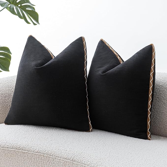 Decorative Neutral Linen Throw Pillow Covers 20x20 Inch Set of 2, Black Boho Farmhouse Pillow Covers with Braid Fringe for Sofa Bed Modern Couch Pillow Cases for Organic Home Decor