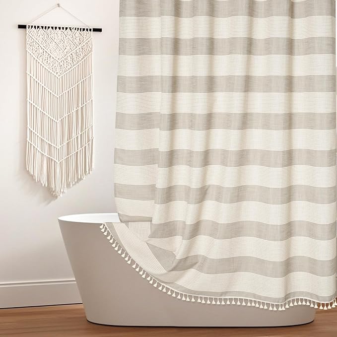 Boho Farmhouse Beige Heavyweight Shower Curtain with Tassels, 350GSM Cotton Linen Natural Fabric Shower Curtain Water Repellent, 72x72 Inch Khaki Tan Striped Country Bathroom Shower Curtains