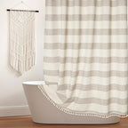 Boho Farmhouse Beige Heavyweight Shower Curtain with Tassels, 350GSM Cotton Linen Natural Fabric Shower Curtain Water Repellent, 72x72 Inch Khaki Tan Striped Country Bathroom Shower Curtains
