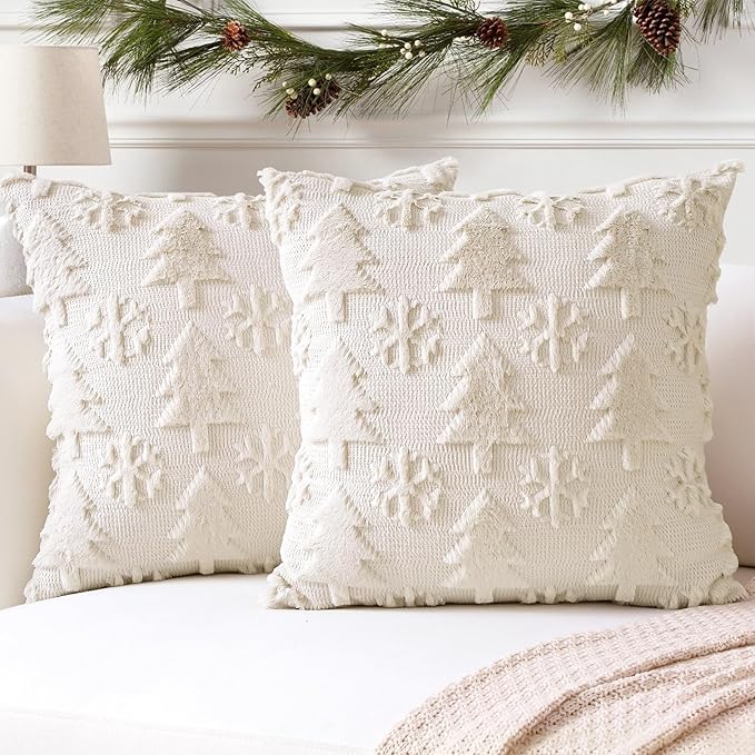 OTOSTAR Set of 2 Xmas Soft Plush Short Wool Velvet Decorative Throw Pillow Covers Square Luxury Style Cushion Case Pillow Shell for Sofa Bedroom Tree and Snowflake Cream Beige, 22x22 Inch