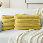 FUTEI Mustard Yellow Decorative Throw Pillow Covers 12x20 Inch Set of 2, Square Soft Faux Rabbit Fur Big Striped Cushion Cover,Home Decor for Couch Sofa Bed Living Room