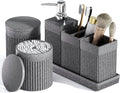 6-Piece Bathroom Set Grey - Stone Textured Resin Bathroom Organizer with Soap Dispenser, Toothbrush Holder, Vanity Tray, Tumbler & Cotton Swab Jars for Small Spaces