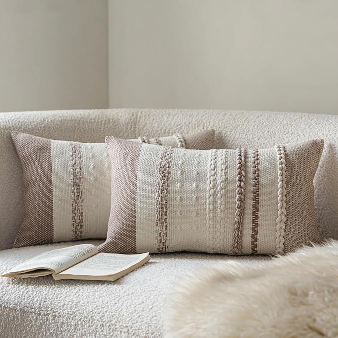 Boho Throw Pillow Covers 12x20 Inch Set of 2, Khaki Textured Decorative Couch Pillow Cases for Farmhouse Home Decor, Accent Cushion Cover for Sofa, Bed, Living Room, Bedroom