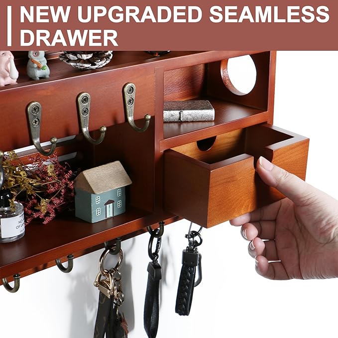 DOPACE Key Holder for Wall, Mail and Key Holder, Mail Organizer Wall Mount with Storage Drawer and 10 Hooks, Easy Installation Keys Holder on Wall, Auburn