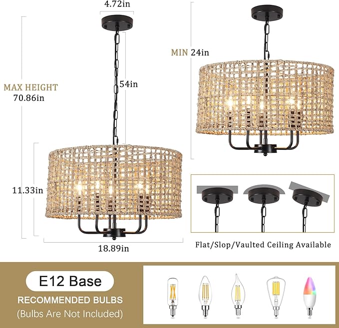 Rattan Chandelier for Dining Room 5-Light Boho Chandeliers Light Fixture Brown and Black Woven Pendant Light Farmhouse Light Fixtures for Living Room,Foyer,Kitchen Island,Coastal,Stairway,Hallway,E12