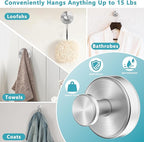 Suction Cup Hooks for Shower,Removable No Drill Towel Hooks,Upgraded 15 lbs Strong Suction hooks for Bathroom Tile,Shower Wall,Glass Door,Kitchen-Loofah,Coat,Stainless Waterproof-Silver 2 Pcs