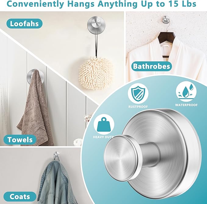 Suction Cup Hooks for Shower,Removable No Drill Towel Hooks,Upgraded 15 lbs Strong Suction hooks for Bathroom Tile,Shower Wall,Glass Door,Kitchen-Loofah,Coat,Stainless Waterproof-Silver 4 Pcs