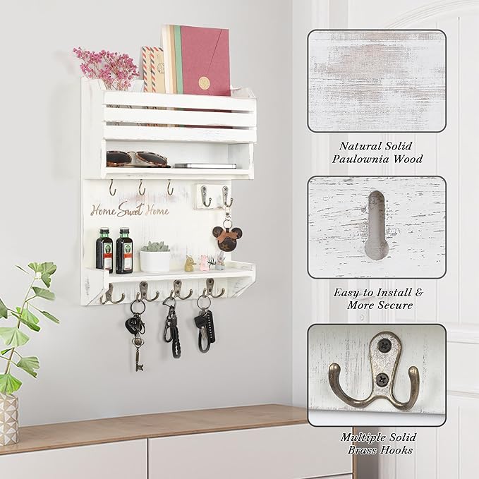 Key Holder, Wall Mounted Mail Organizer, Keys Holder on Wall with 9 Key Hooks, Cream-Colored