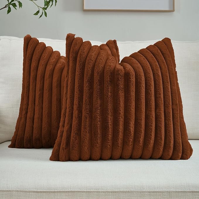 FUTEI Rust Striped Decorative Throw Pillow Covers 26x26 Inch Set of 2,Square Winter Decorations Couch Euro Pillow Case,Soft Cozy Faux Rabbit Fur & Velvet Back,Modern Home Decor for Bed