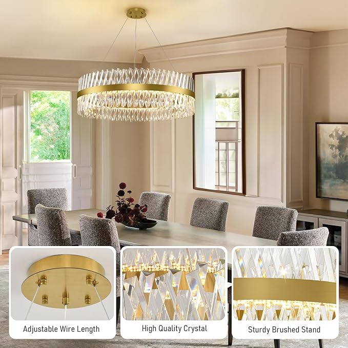 Modern Crystal Chandeliers for Living Room, 40 Inch Large Gold Crystal Chandeliers for Dining Room, Luxury LED Round Foyer Chandelier for High Ceiling Entryway Brass Chandelier Pendant Ceiling Light