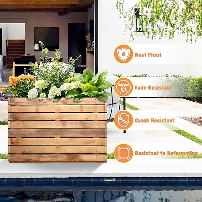 FENCY Large Metal Planter, Large Rectangular Planters for Outdoor Plants, Tall Outdoor Planters for Porch Patio, 35.4″ × 9.1″ × 25.6″ H Walnut Finish Metal Planter with Drainage Hole