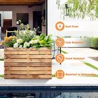 FENCY Large Metal Planter, Large Rectangular Planters for Outdoor Plants, Tall Outdoor Planters for Porch Patio, 35.4″ × 9.1″ × 25.6″ H Walnut Finish Metal Planter with Drainage Hole