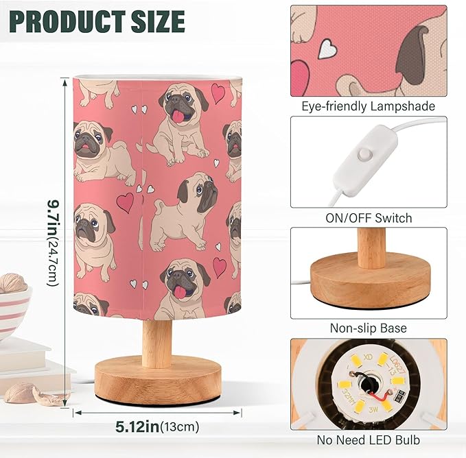 Table Lamp Pugs Puppy Heart on Pink Nightstand Lamp with Wood Base Fabric Lamp Shade Bedside Desk Lamp for Living Room Bedroom Kids Room Office