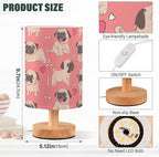 Table Lamp Pugs Puppy Heart on Pink Nightstand Lamp with Wood Base Fabric Lamp Shade Bedside Desk Lamp for Living Room Bedroom Kids Room Office