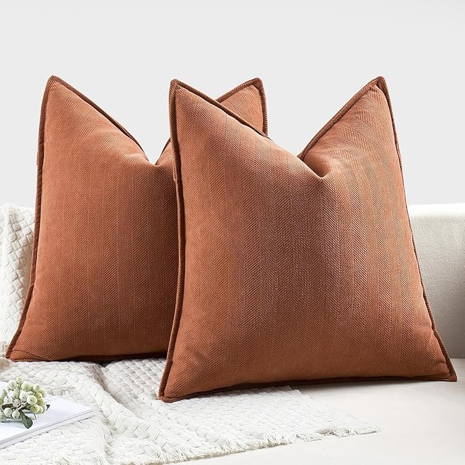 MIULEE Fall Pack of 2 Burnt Orange Decorative Pillow Covers 24x24 Inch Chenille Luxurious Couch Throw Pillows Boho Cushion Covers Euro Shams with Elegant Design for Sofa Bed Living Room Home Decor