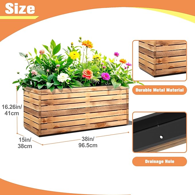 FENCY Metal Planter Box, Large Rectangular Planters for Outdoor Plants, Outdoor Tall Planters with Drainage Holes, Walnut Finish Metal Planters (38" L x 15" W x 16.3" H)