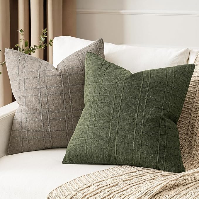 MIULEE Decorative Linen Check Euro Shams Throw Pillow Covers Neutral Farmhouse Vintage Christmas Pillow Covers 22x22 Set of 2 Boho Modern Home Decor for Sofa Couch Bedroom Cushion Dark Olive Green