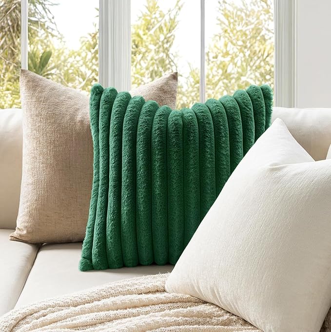 MIULEE Faux Fur Christmas Decorative Throw Pillow Covers 12x20 Inch Set of 2, Modern Spring Home Decor Soft Plush Couch Pillows Cozy Fluffy Cushion Covers for Sofa Bed Dark Green