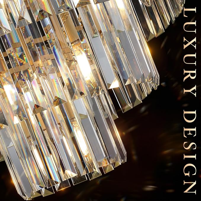 Modern Crystal Chandeliers,Gold 20” Round Chandeliers for Dining Room 3 Tiers 7 Lights Luxury K9 Crystal Ceiling Pendant Light Fixture for Foyer Bedroom Closet