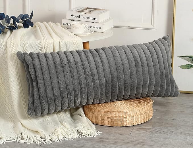 PANOD Faux Fur Decorative Lumbar Throw Pillow Covers 14 x 36,Plush Long Boho Lumbar Pillow Covers Pillow Case Cushion Case for Bed Sofa Farmhouse Livingroom,Grey