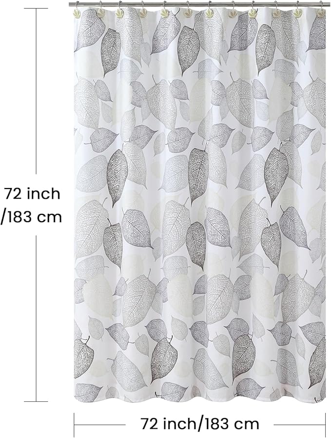 Fabric Shower Curtain, Modern Leaf Print Waterproof Bath Curtain with White Background & Beige Grey Brown Leaves Design, 72" W x 72" H