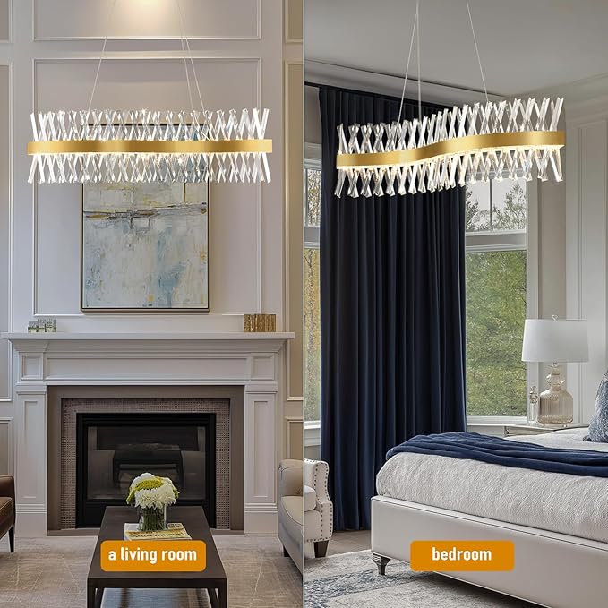 Modern Crystal Chandeliers, Luxurious S-Shape Chandeliers for Dining Room Over Table, L40 Gold Rectangular Dining Room Chandelier, Linear Kitchen Island Lighting, Dimmable Ceiling Light Fixture