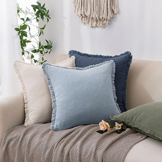 Woaboy Decorative Linen Fringe Throw Pillow Covers Boho Farmhouse Soft Lumbar Cushion Covers Accent Pillowcases with Tassels for Living Room Couch Sofa Bed Chair,12x20 Inch Set of 2,Blue