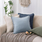 Woaboy Decorative Linen Fringe Throw Pillow Covers Boho Farmhouse Soft Euro Accent Pillowcases with Tassels for Bed Couch Sofa Living Room Bedroom,24x24 Inch Set of 2,Blue